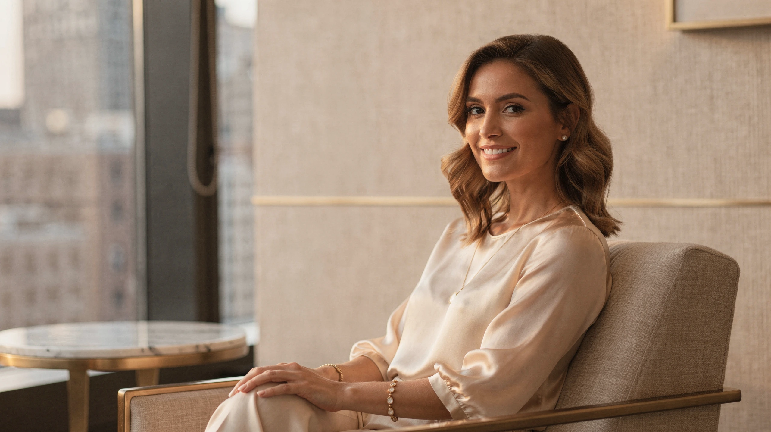 Dr. Victoria Veytsman smiling in the practice's modern consultation room with NYC skyline visible through the window